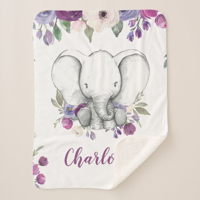 Purple Watercolor Floral Elephant Personalised Sherpa Blanket (Front)