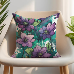 Purple Watercolor Floral Emerald Green Leaves  Cushion