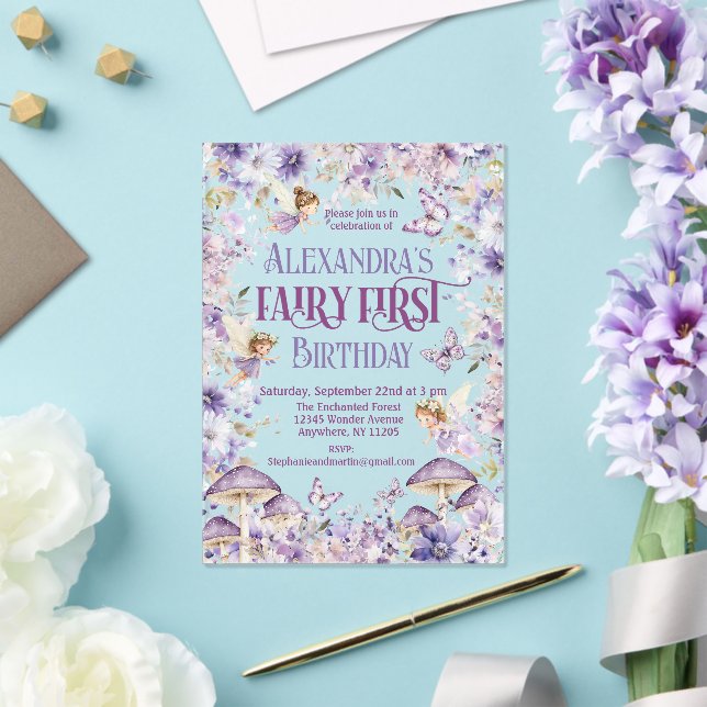 Purple Watercolor Floral Fairy First Birthday  Acrylic Invitations (Insitu (Wedding))