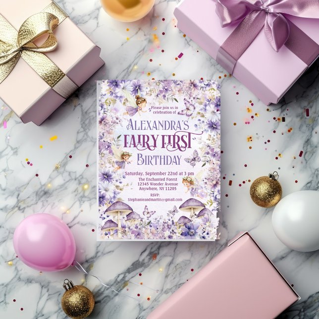 Purple Watercolor Floral Fairy First Birthday Invitation Postcard (Creator Uploaded)