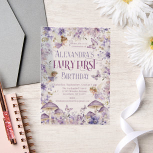 Purple Watercolor Floral Fairy First Birthday Vellum Invitations