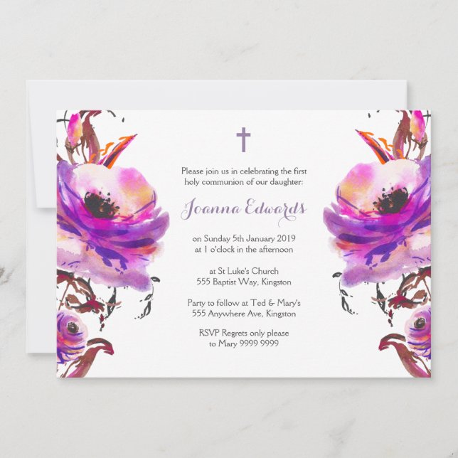Purple Watercolor Floral First Communion Invitation (Front)