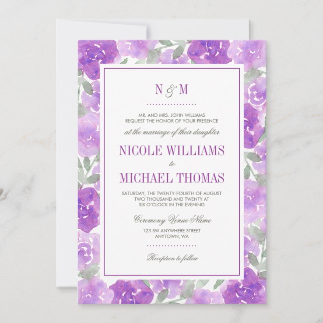 Purple Watercolor Floral Garden Wedding Invitation (Front)