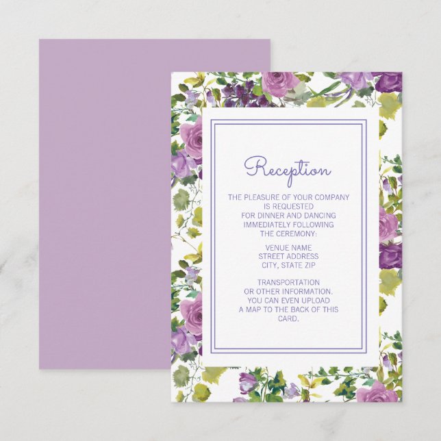 Purple Watercolor Floral Garden Wedding Reception Invitation (Front/Back)