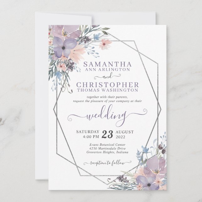 Purple Watercolor Floral Geometric Wedding Invitation (Front)