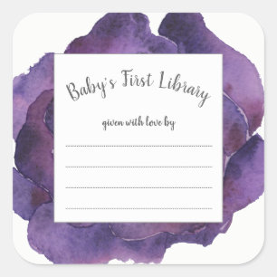 Purple watercolor floral girl baby shower book square sticker