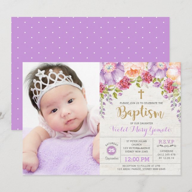 Purple Watercolor Floral Girl Baptism Christening Invitation (Front/Back)