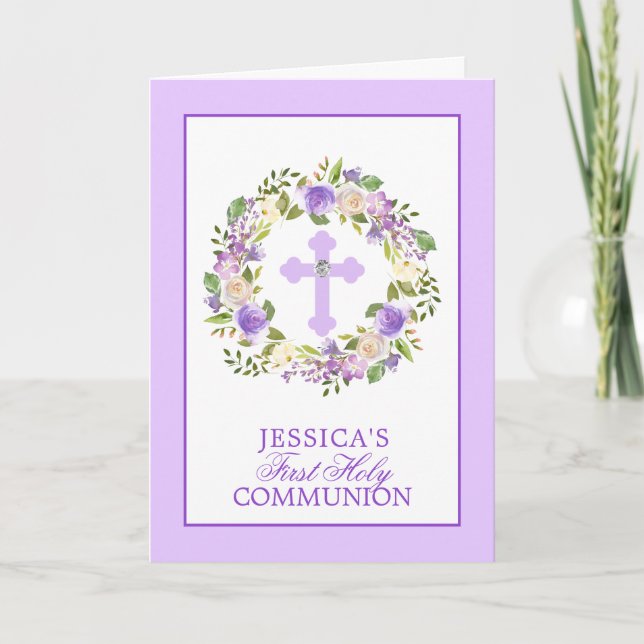 Purple Watercolor Floral Girl First Holy Communion Card (Front)