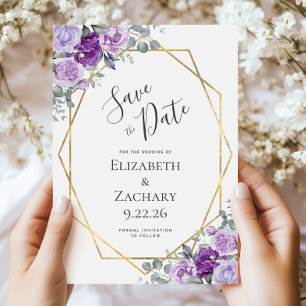 Purple Watercolor Floral Gold Frame Save the Date
