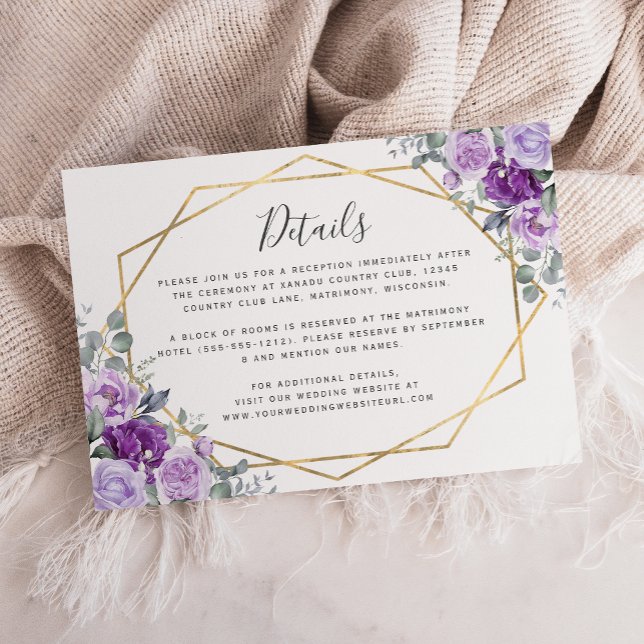 Purple Watercolor Floral Gold Wedding Details Enclosure Card (Creator Uploaded)