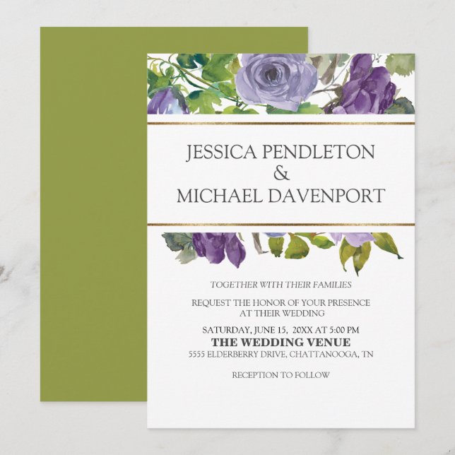 Purple Watercolor Floral Green Vines Gold Wedding Invitation (Front/Back)