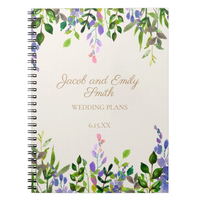 Purple Watercolor Floral Greenery Cream Wedding Notebook (Front)