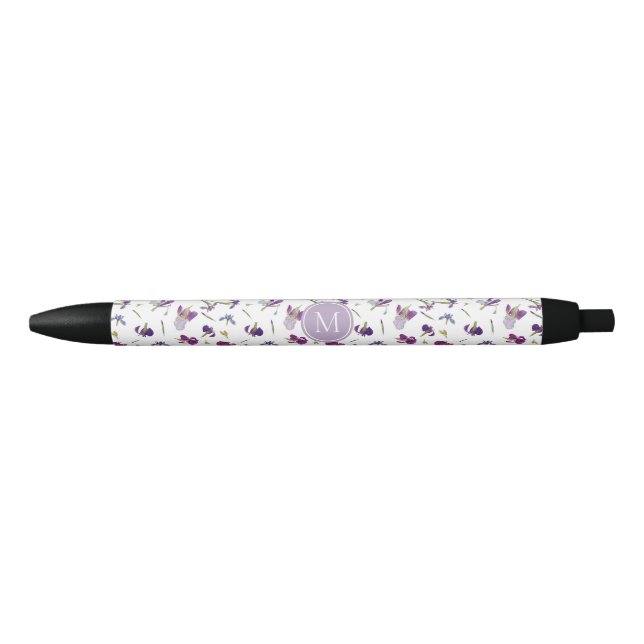 Purple Watercolor Floral Irises Pattern Monogram Black Ink Pen (Front)