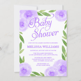Purple Watercolor Floral Leaf Girl Baby Shower Invitation