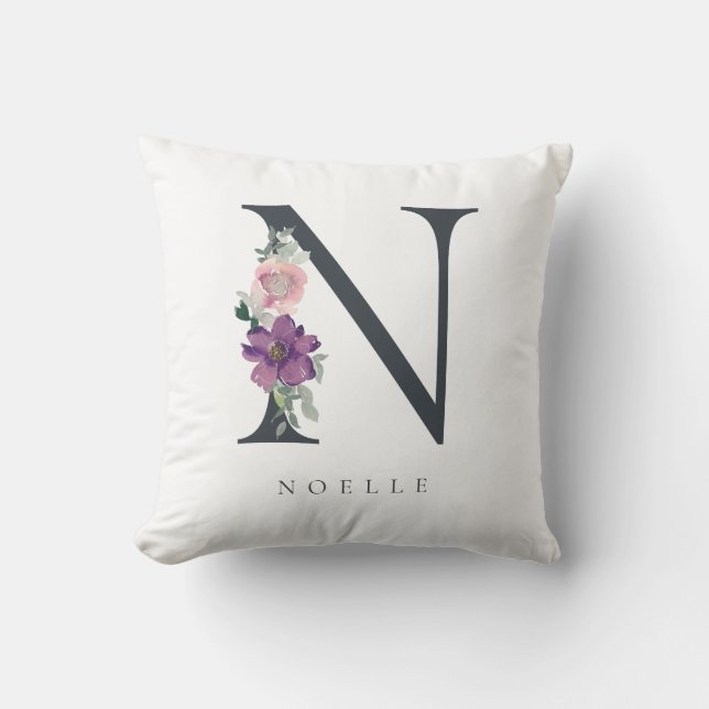 Purple Watercolor Floral Letter N Monogram Cushion (Front)