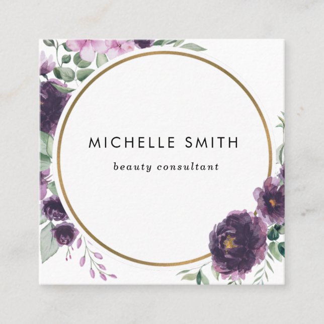 Purple Watercolor Floral Modern Business Card (Front)