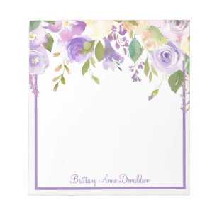 Purple Watercolor Floral Name Personalise Notepad