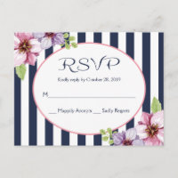 Purple Watercolor Floral Navy Blue Stripes Wedding