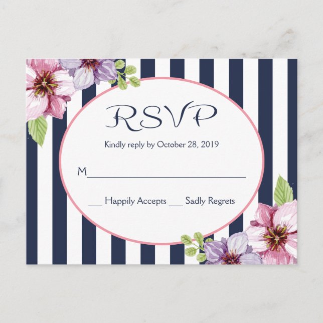 Purple Watercolor Floral Navy Blue Stripes Wedding Postcard (Front)