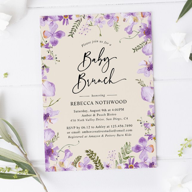 Purple Watercolor Floral Neutral Baby Brunch Invitation (Creator Uploaded)