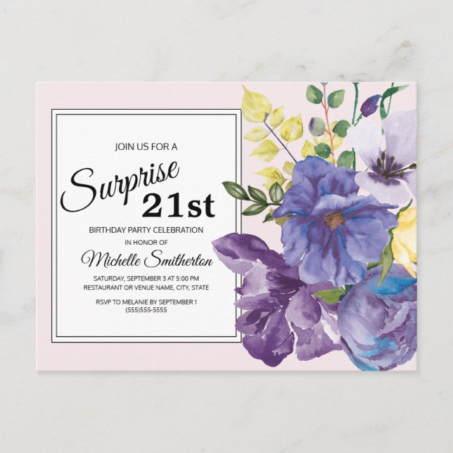 Purple Watercolor Floral on Pink 21st Birthday Postcard (Front)