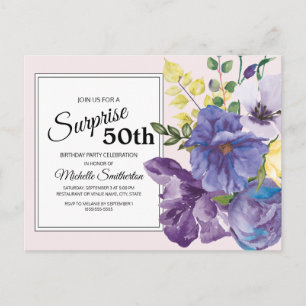 Purple Watercolor Floral on Pink 50th Birthday Postcard