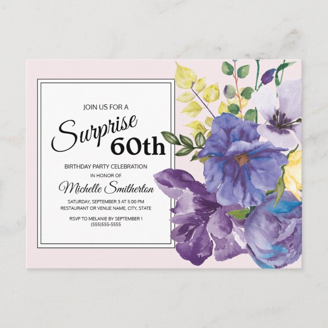 Purple Watercolor Floral on Pink 60th Birthday Postcard (Front)
