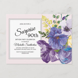 Purple Watercolor Floral on Pink 90th Birthday Postcard
