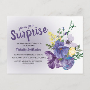 Purple Watercolor Floral on Pink Surprise Birthday Postcard
