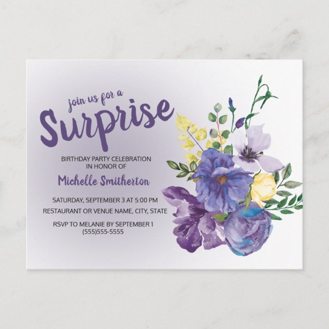 Purple Watercolor Floral on Pink Surprise Birthday Postcard (Front)