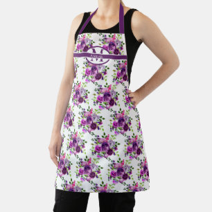 Purple Watercolor Floral Pattern Monogram   Name Apron