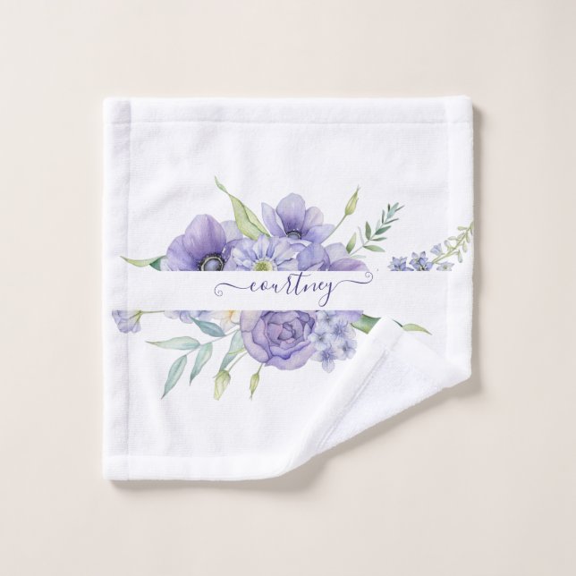Purple watercolor floral personalised  bath towel set (Wash Cloth)