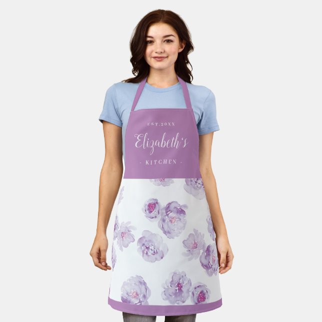 Purple watercolor floral personalised cooking apron (Worn)