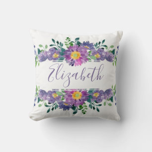Purple watercolor floral personalised cushion