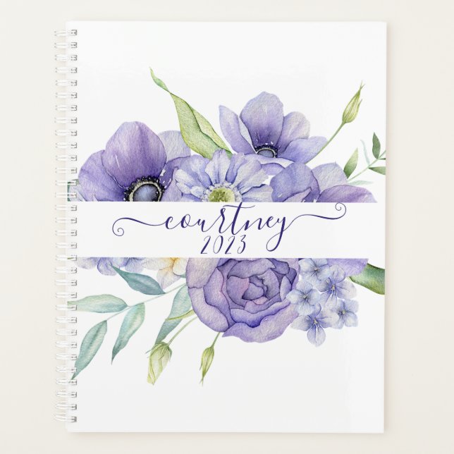 Purple watercolor floral personalised, custom year planner (Front)
