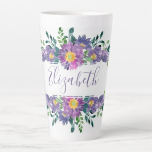 Purple watercolor floral personalised latte mug