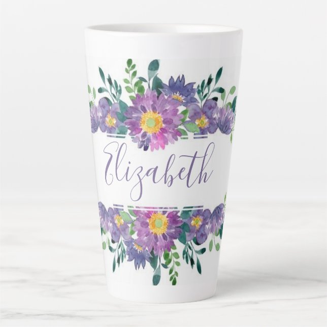 Purple watercolor floral personalised  latte mug (Front)