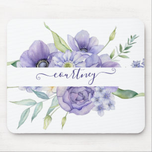 Purple watercolor floral personalised mouse mat