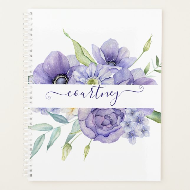Purple watercolor floral personalised  planner (Front)