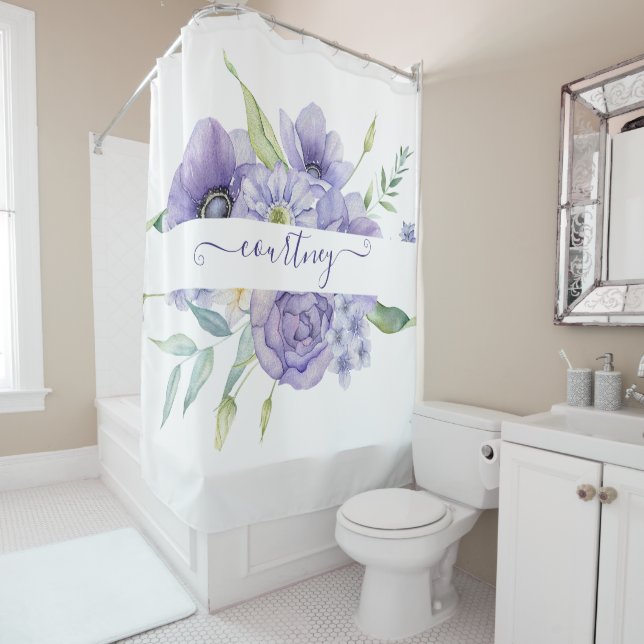 Purple watercolor floral personalised   shower curtain (In Situ)