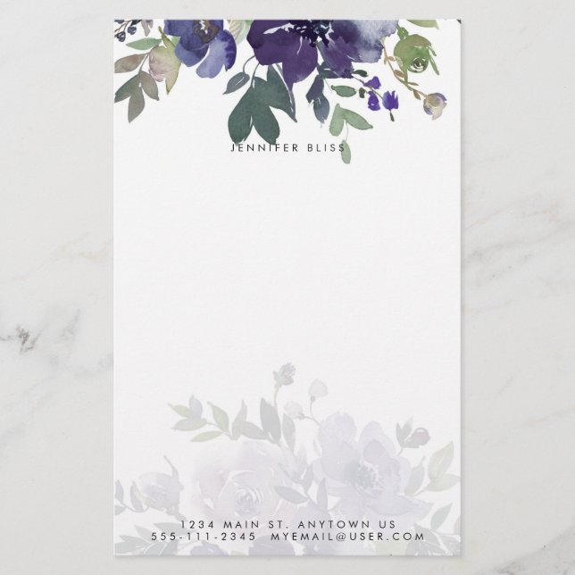 Purple watercolor floral personalised stationery (Front)