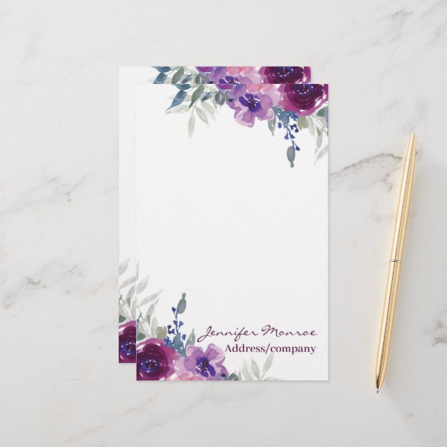 Purple watercolor floral personalised stationery (Front/Back In Situ)