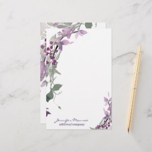 Purple watercolor floral personalised stationery