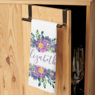 Purple watercolor floral personalised tea towel