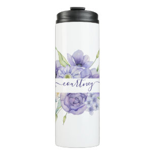 Purple watercolor floral personalised   thermal tumbler