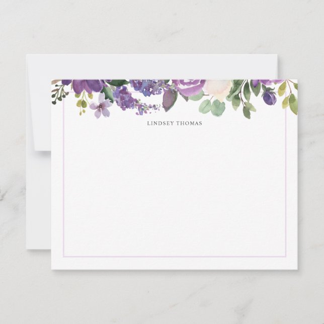 Purple Watercolor Floral Personalized Stationery Card (Front)