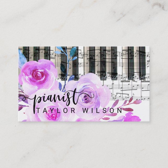 purple watercolor floral pianist script business card (Front)
