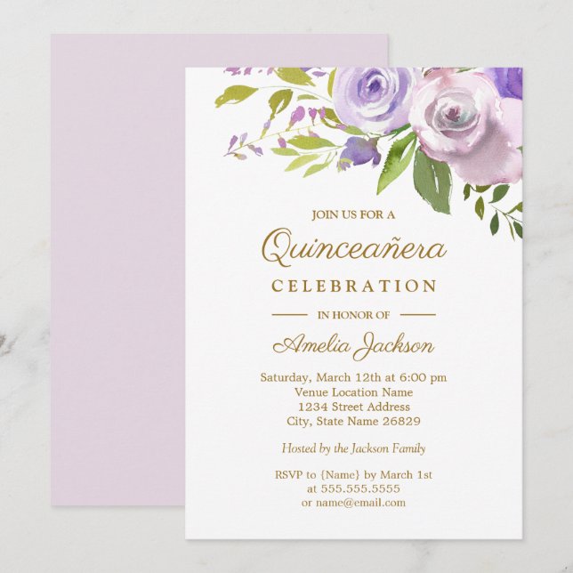 Purple Watercolor Floral Quinceanera Invitation (Front/Back)
