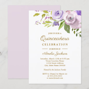 Purple Watercolor Floral Quinceanera Invitation