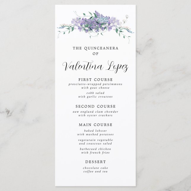 Purple Watercolor Floral Quinceanera Menu (Front)